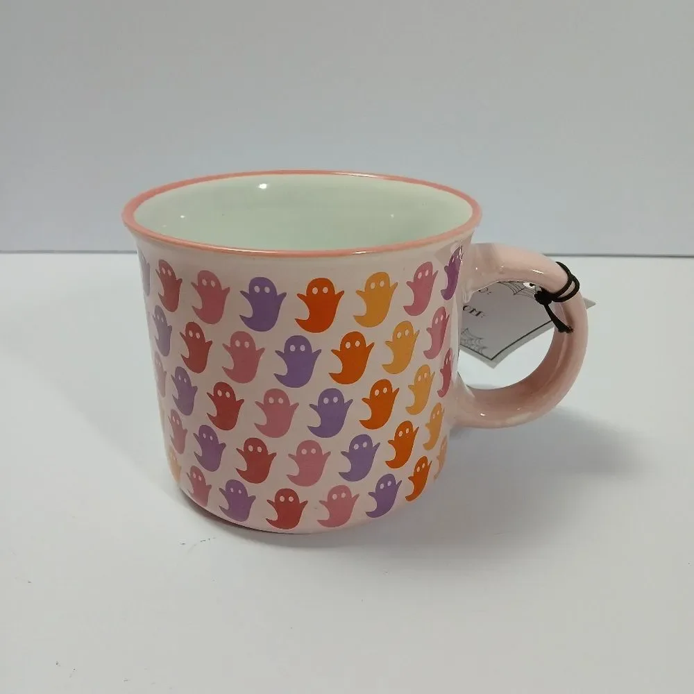 Cobwebs and‎ Cauldrons Halloween Coffee Mug Pink With multicolor Ghosts Mug